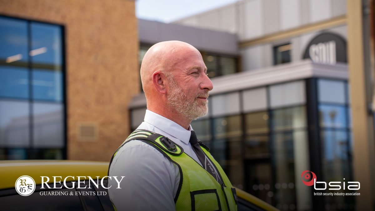 Regency Guarding & Events SIA licensed officer on site, with the Regency and BSIA logos